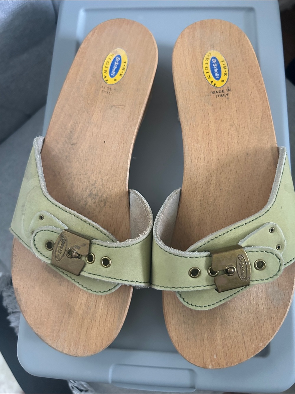The original Dr. Scholl's Women's Pale Green Leather Slide Clogs with Buckle